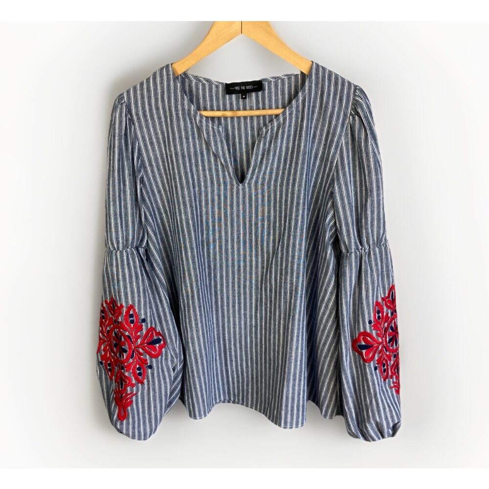 Free The Roses Tunic Top Women’s 100% Cotton Embroidered Puff Sleeves Medium